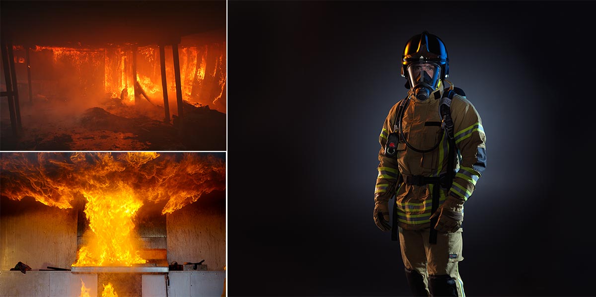 Composite photos used include burning room, building and image of fireman.