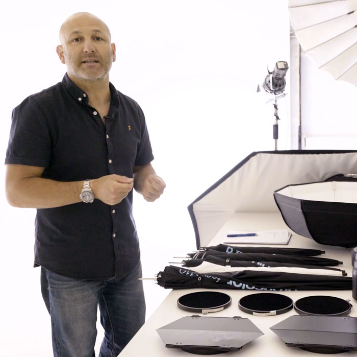 Karl explaining a selection of lighting modifiers