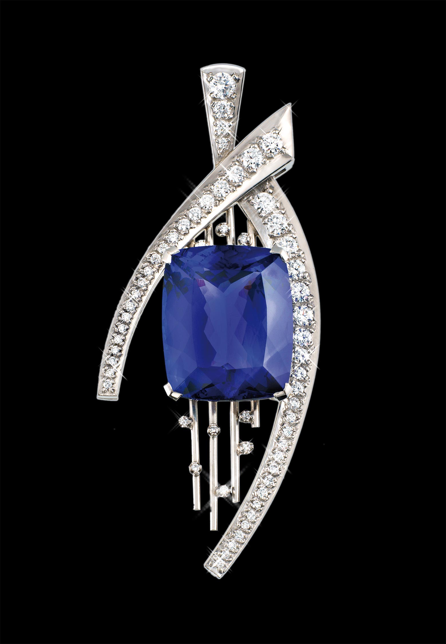 Diamond jewellery with blue sapphire on black background